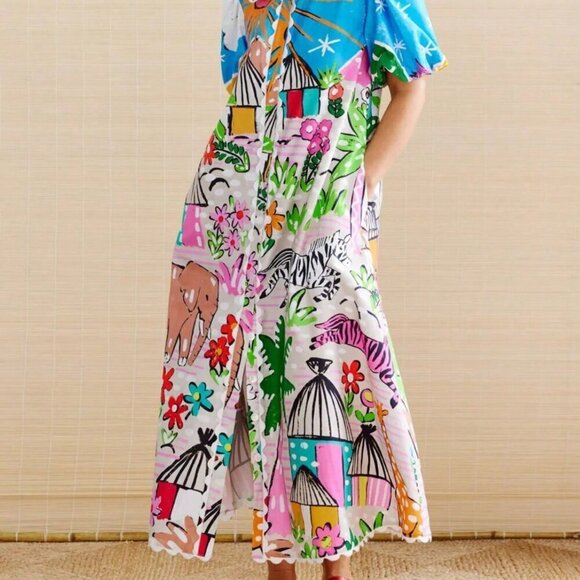 Boho Women's vacay Tropical Plant Print V-Neck Short Puff Sleeve maxi dress - Picture 4 of 8